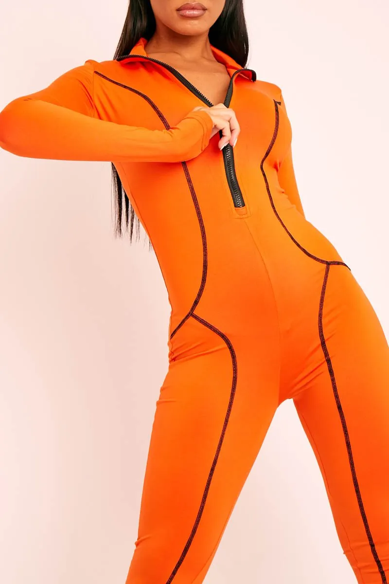 Orange Seam Detail Zip Front Jumpsuit - Liana