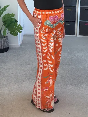 Orange Silk Mix Printed Trousers
