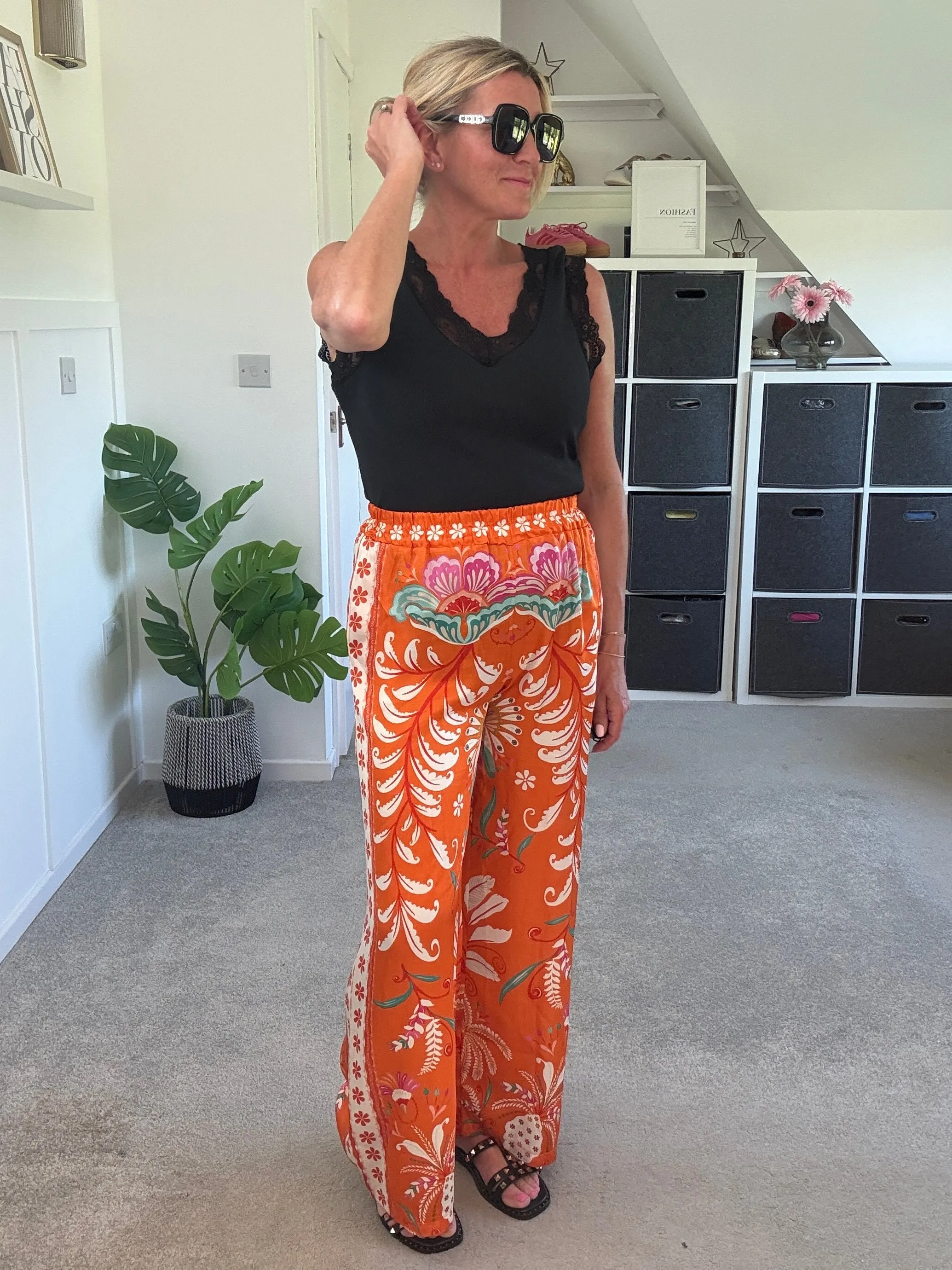 Orange Silk Mix Printed Trousers