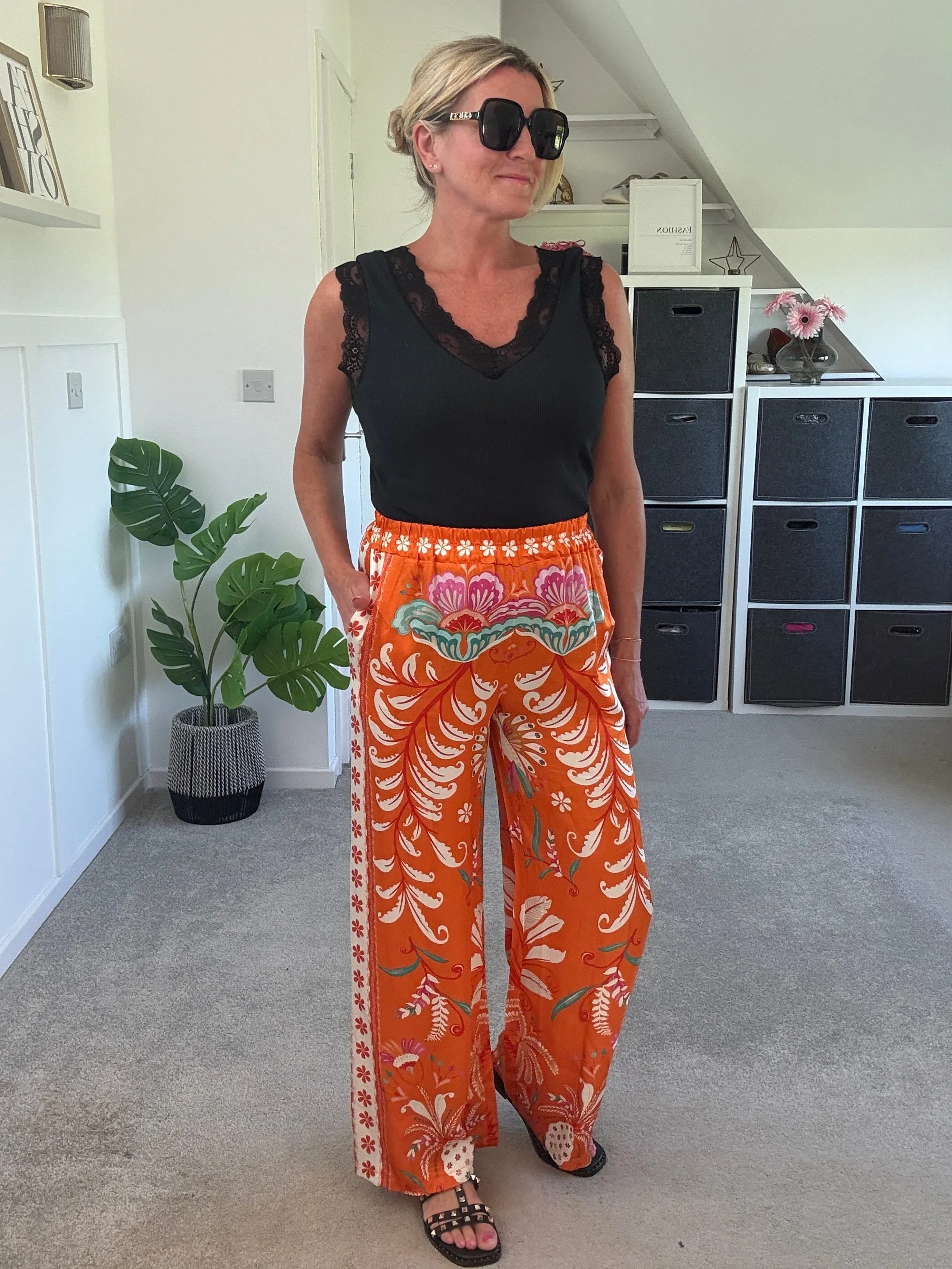 Orange Silk Mix Printed Trousers
