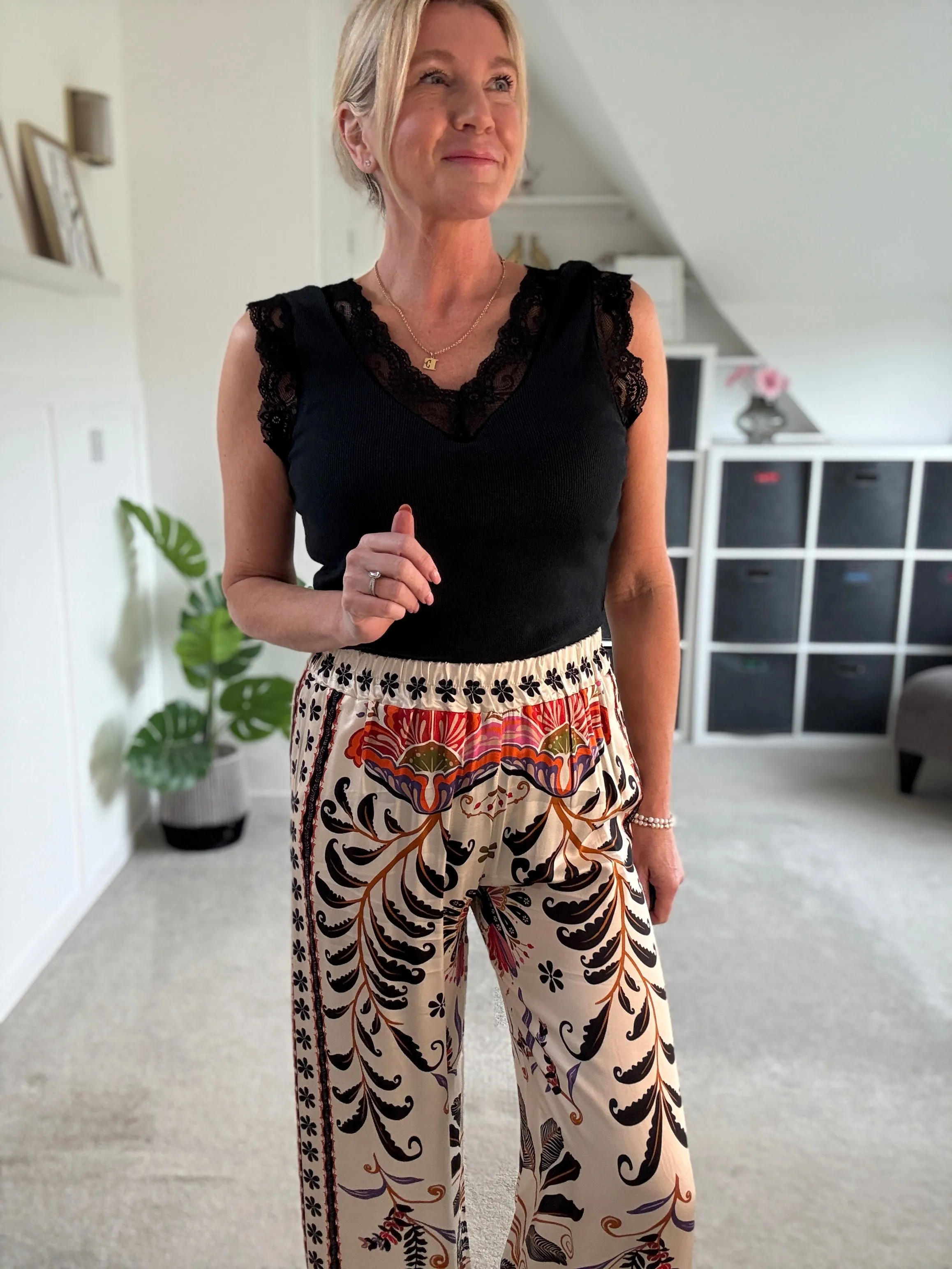 Orange Silk Mix Printed Trousers