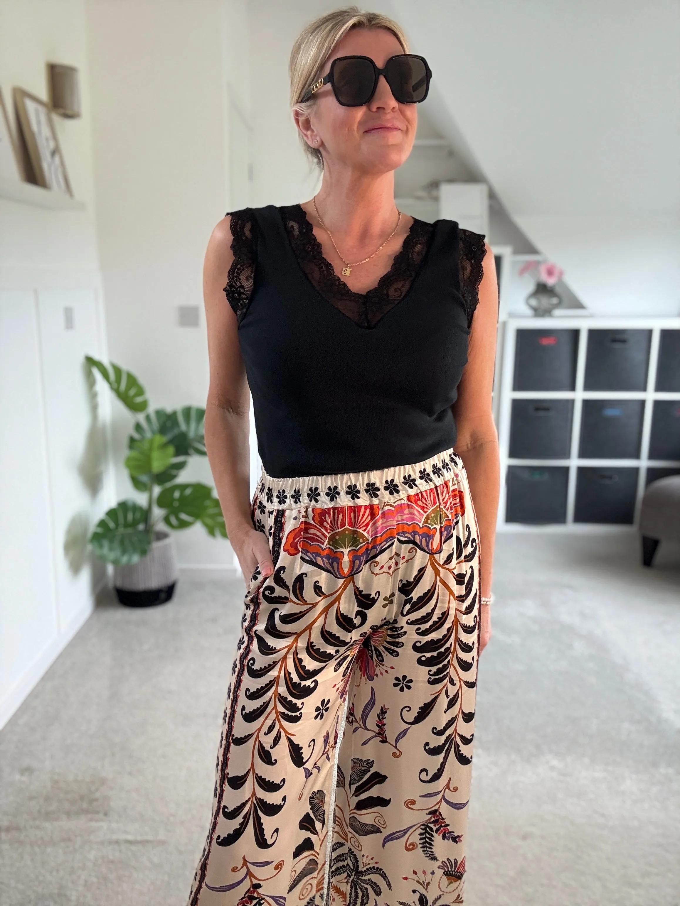 Orange Silk Mix Printed Trousers