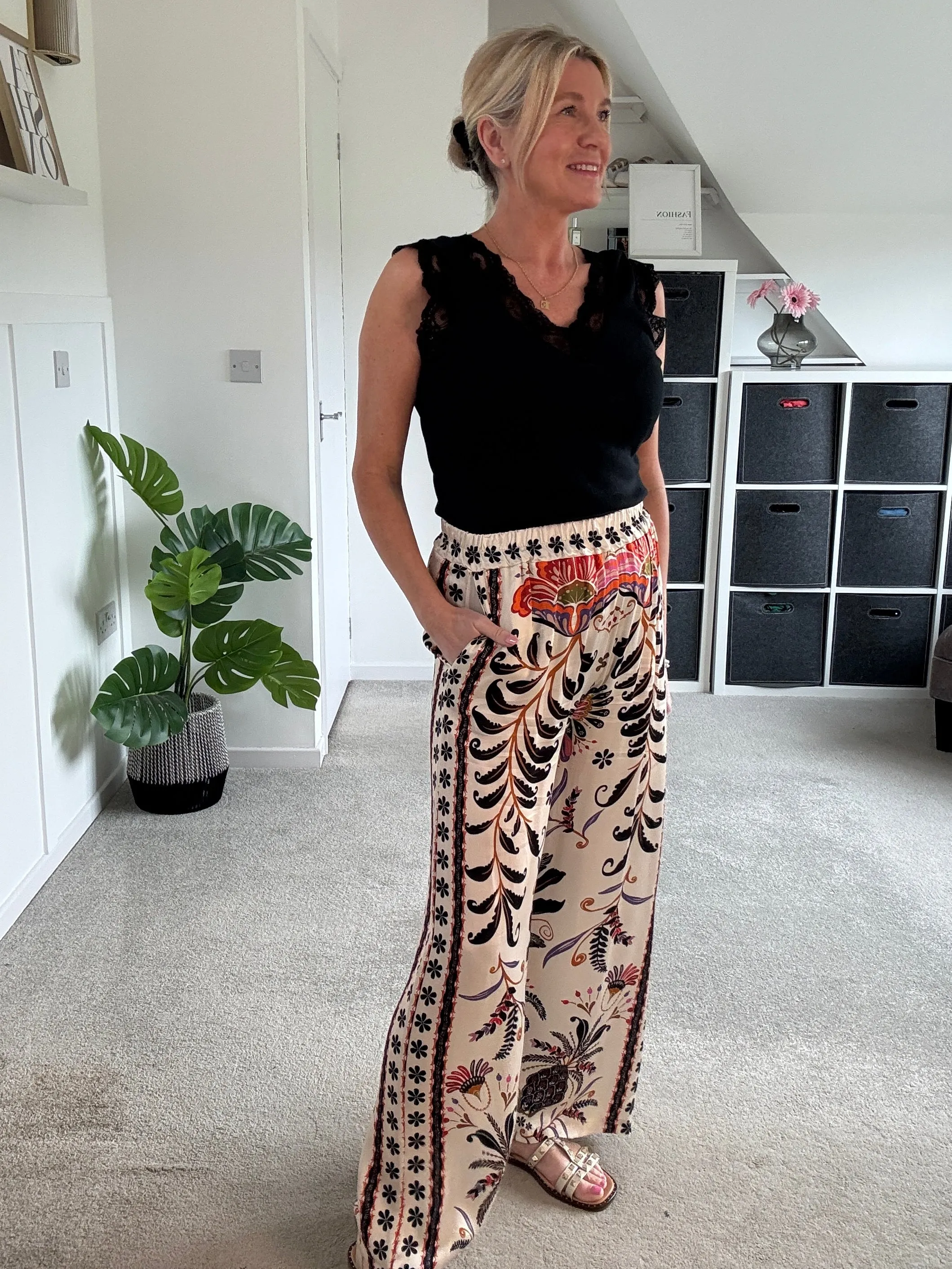 Orange Silk Mix Printed Trousers