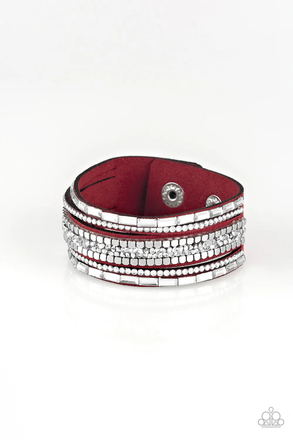 Paparazzi Rebel In Rhinestones - Red Suede Snap Bracelet