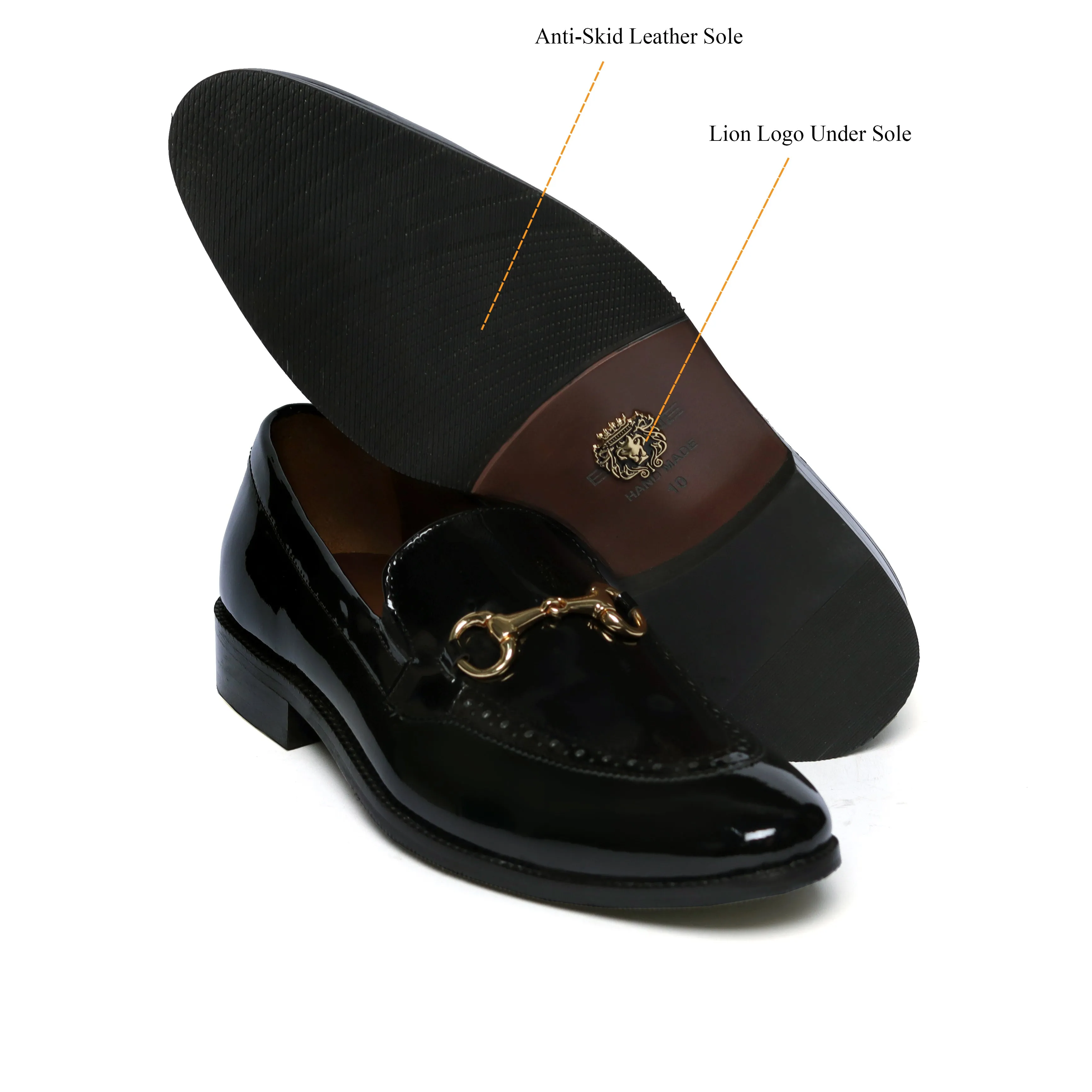 Penny Loafer with Horse Bit Buckle Detailing Black Patent Leather