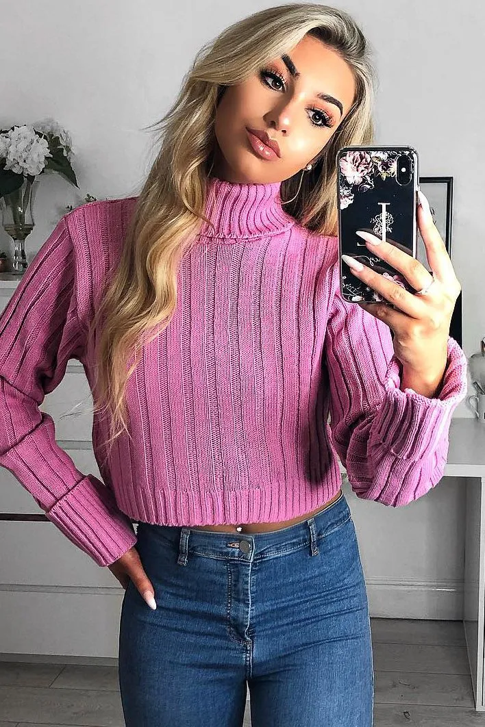 Pink Wide Rib Roll Neck Jumper - Joyanna