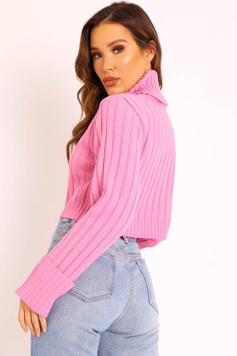 Pink Wide Rib Roll Neck Jumper - Joyanna