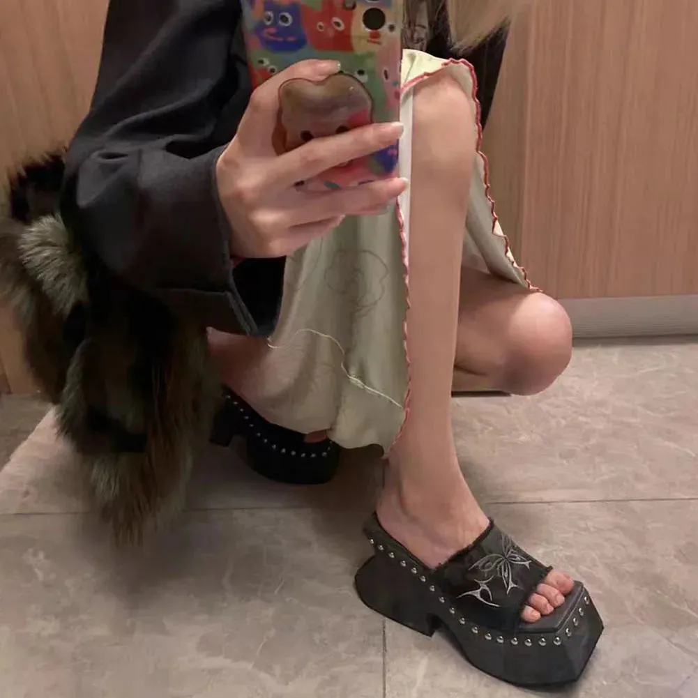 Punk Chunky Heels Mule Shoes Sandals For Women Rivet Platform Slide Sandals Open Toe 2024 Summer Trendy Shoes Street Women Shoes