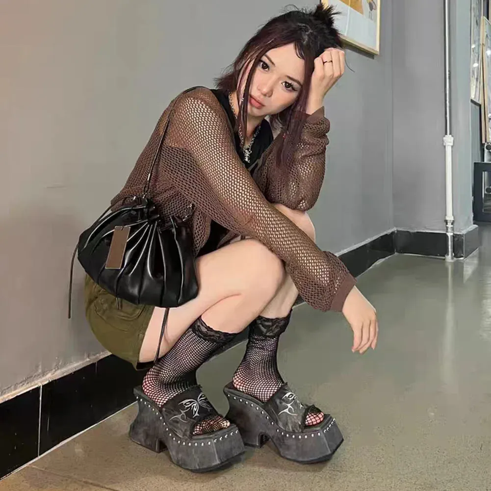 Punk Chunky Heels Mule Shoes Sandals For Women Rivet Platform Slide Sandals Open Toe 2024 Summer Trendy Shoes Street Women Shoes