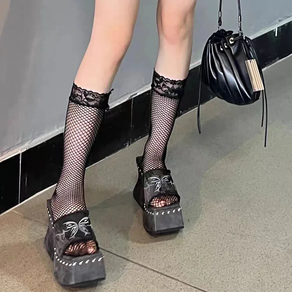 Punk Chunky Heels Mule Shoes Sandals For Women Rivet Platform Slide Sandals Open Toe 2024 Summer Trendy Shoes Street Women Shoes