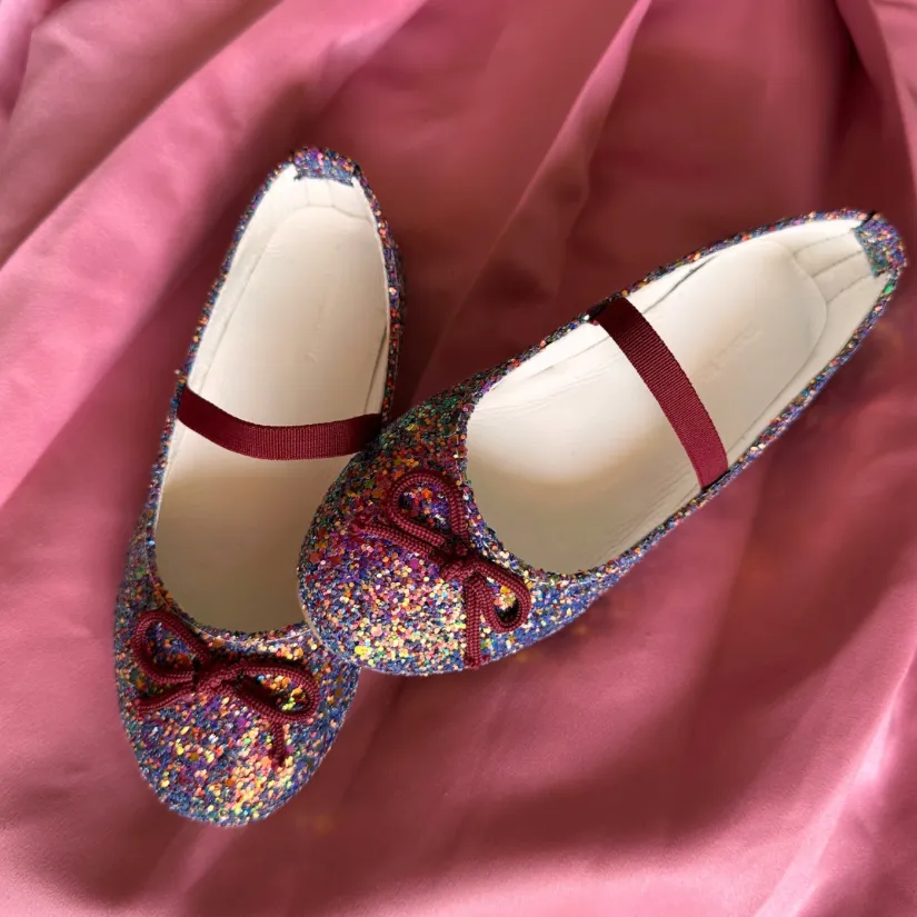 Purple Multicolor Glitter Bow Ballerina Flats for Kids