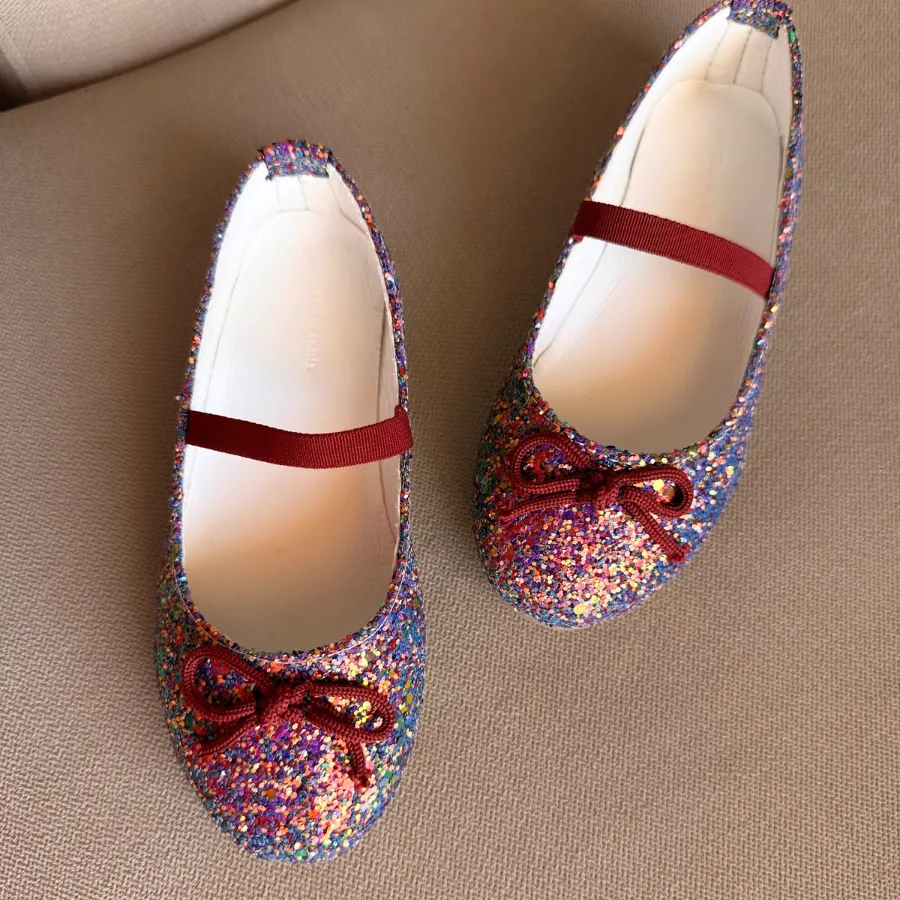 Purple Multicolor Glitter Bow Ballerina Flats for Kids