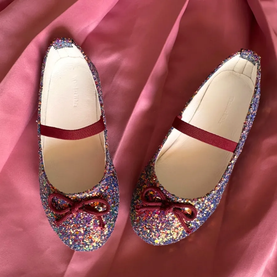 Purple Multicolor Glitter Bow Ballerina Flats for Kids