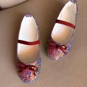 Purple Multicolor Glitter Bow Ballerina Flats for Kids