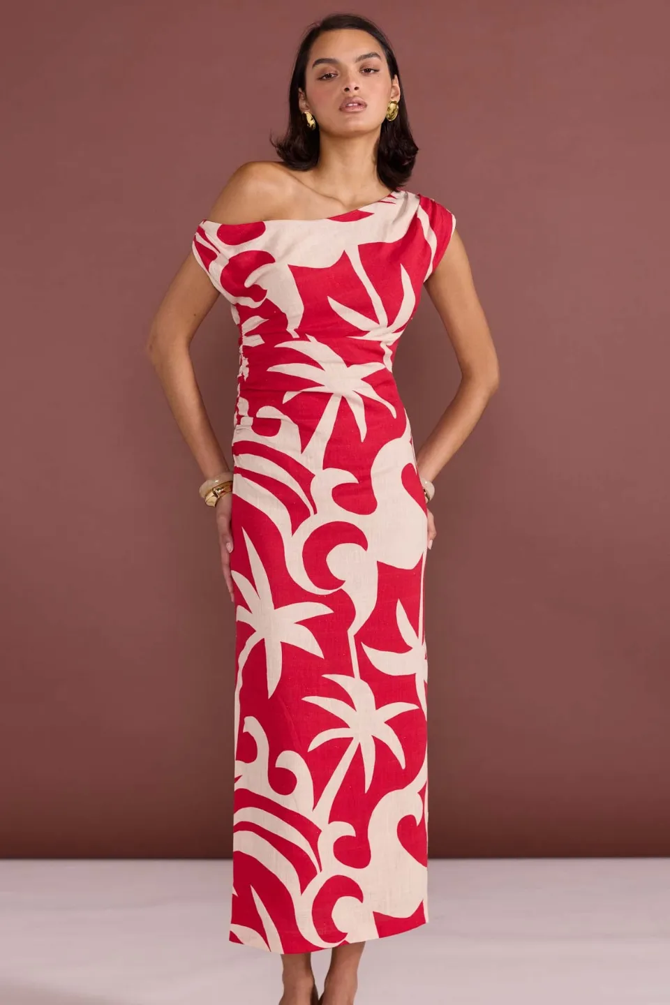 Rhodes Red Print Off Shoulder Midi Dress
