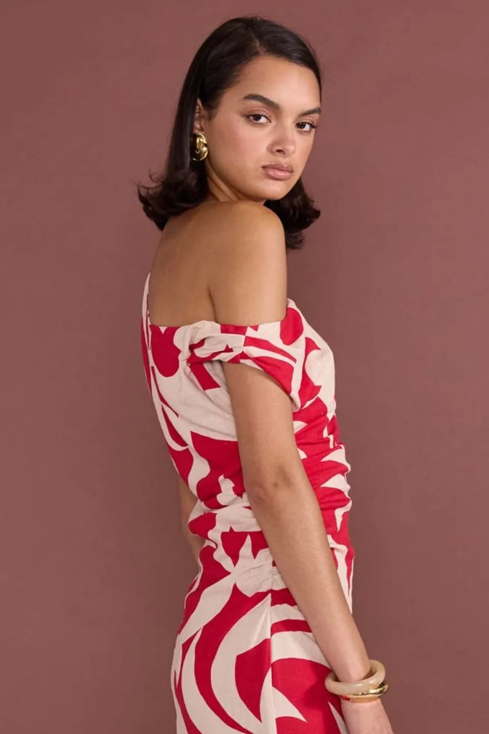 Rhodes Red Print Off Shoulder Midi Dress