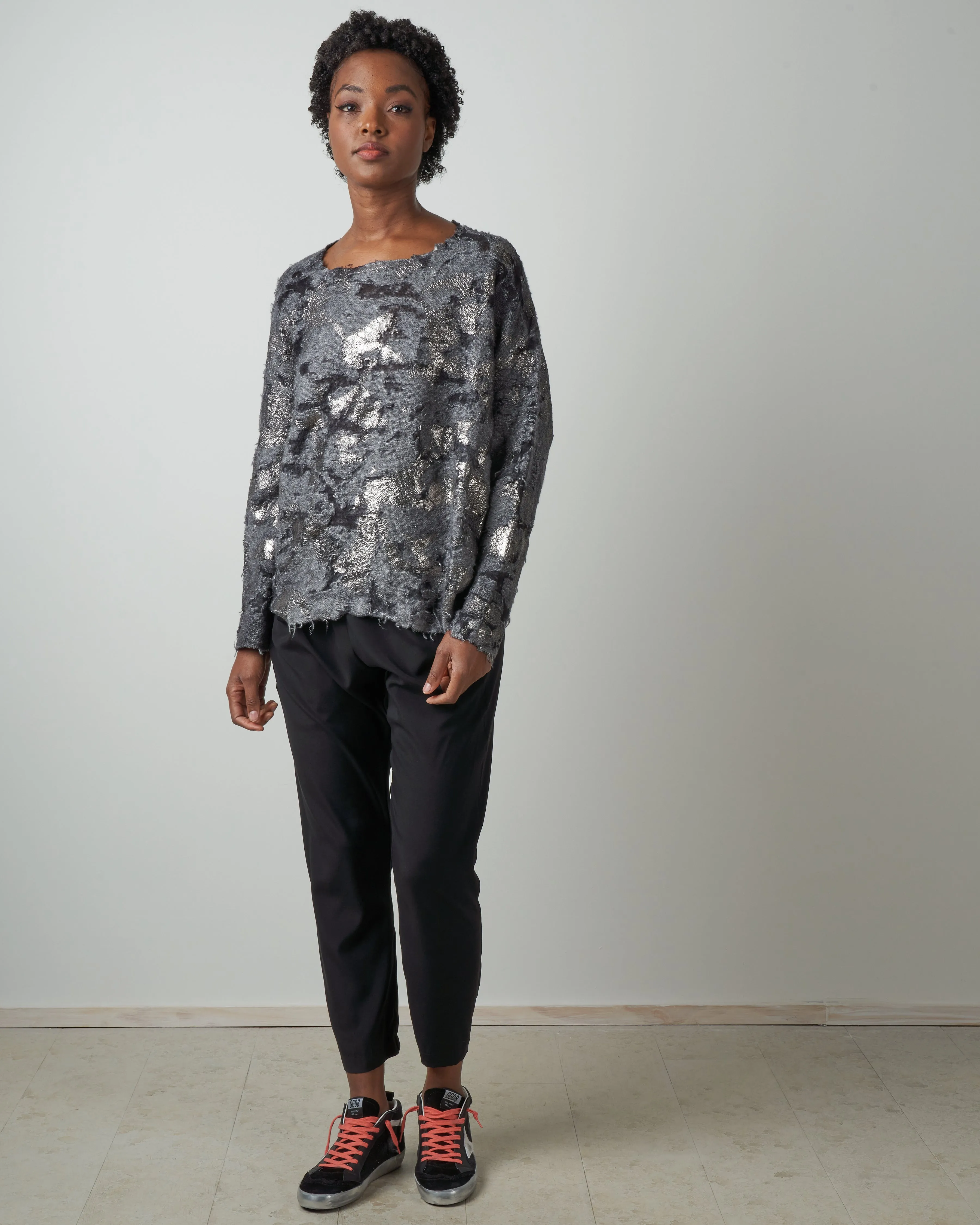 round neck cutted jacquard pullover - husky