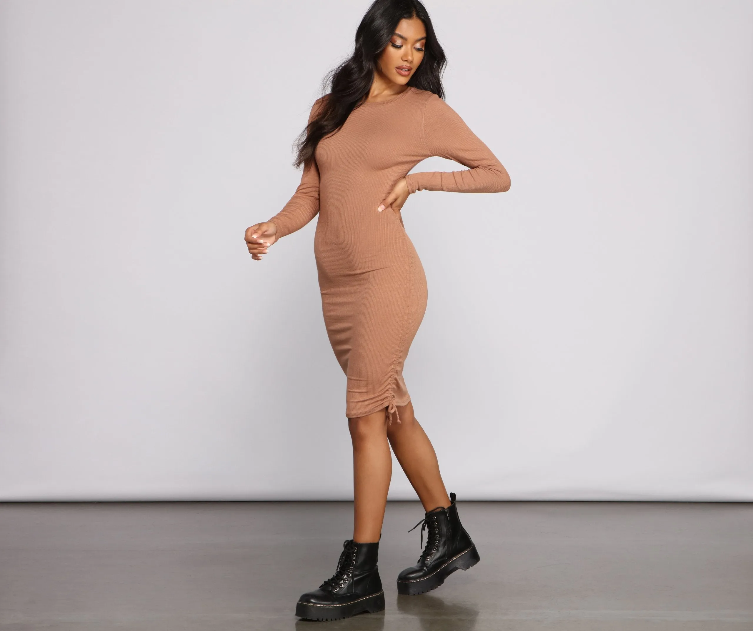 Ruched And Ribbed Knit Graceful Crew Neck Mini Dress