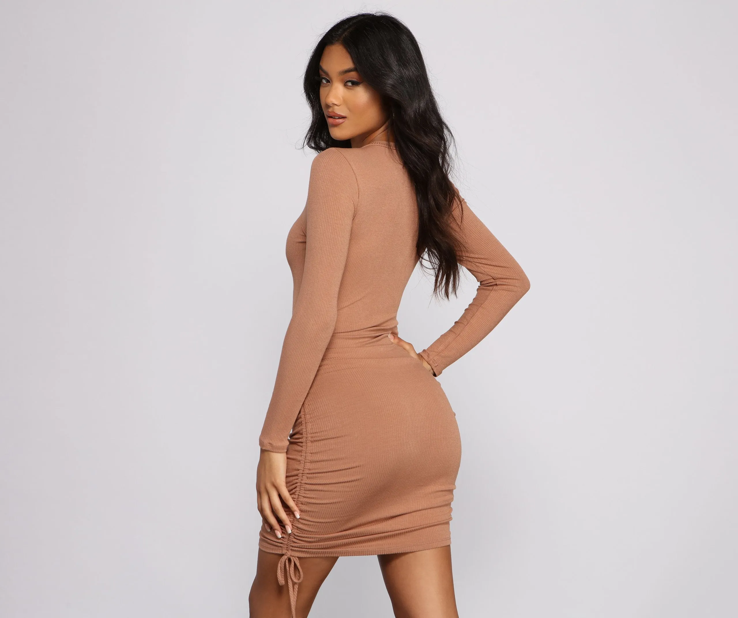 Ruched And Ribbed Knit Graceful Crew Neck Mini Dress