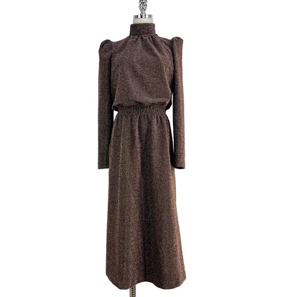 Ryegrass High Neck Long Sleeve Midi Dress Rose Gold Metallic