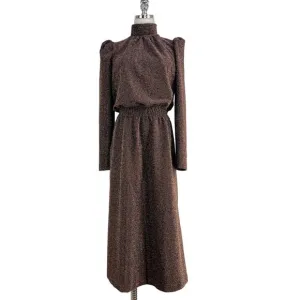 Ryegrass High Neck Long Sleeve Midi Dress Rose Gold Metallic