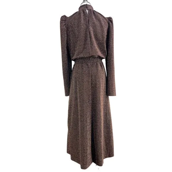 Ryegrass High Neck Long Sleeve Midi Dress Rose Gold Metallic