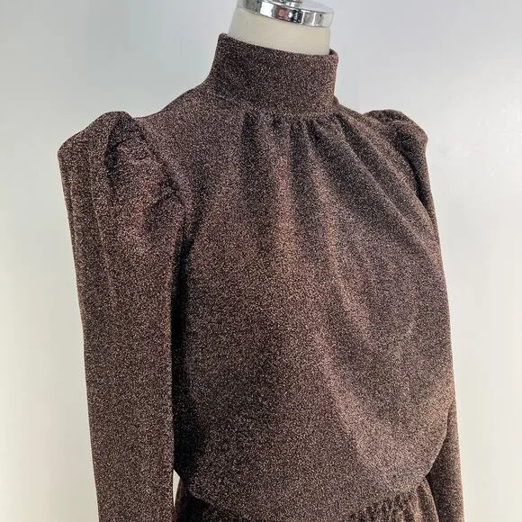 Ryegrass High Neck Long Sleeve Midi Dress Rose Gold Metallic