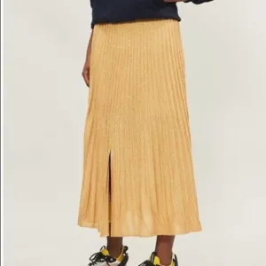 Sandro Paris Metallic Shimmer Gold Pointelle Knit Small FrontSlit PullOn Skirt S