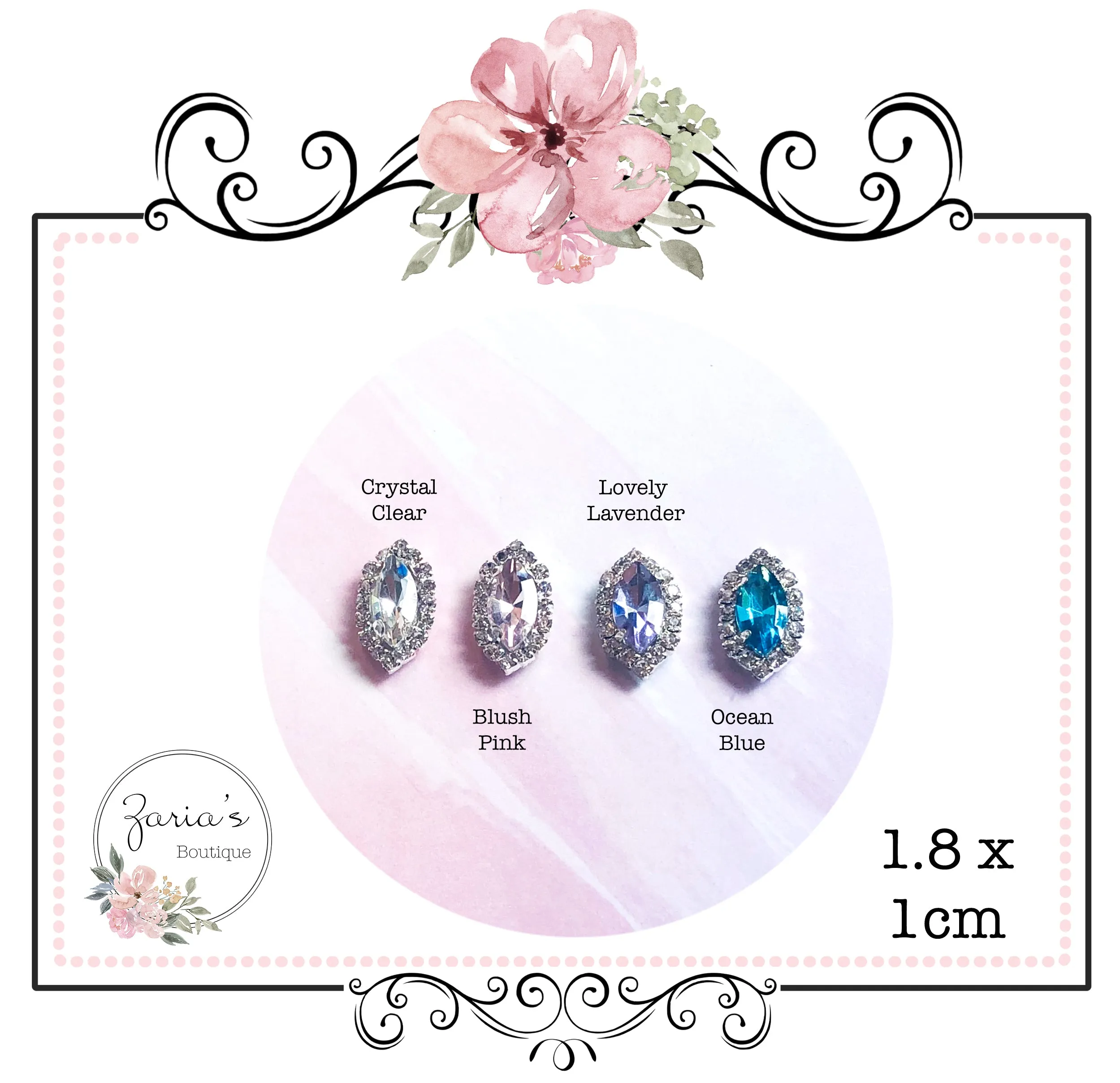 Silver Crystal Embellishments ~ High Quality Metal Flat Back ~ 4 Colours ~ 18x10mm