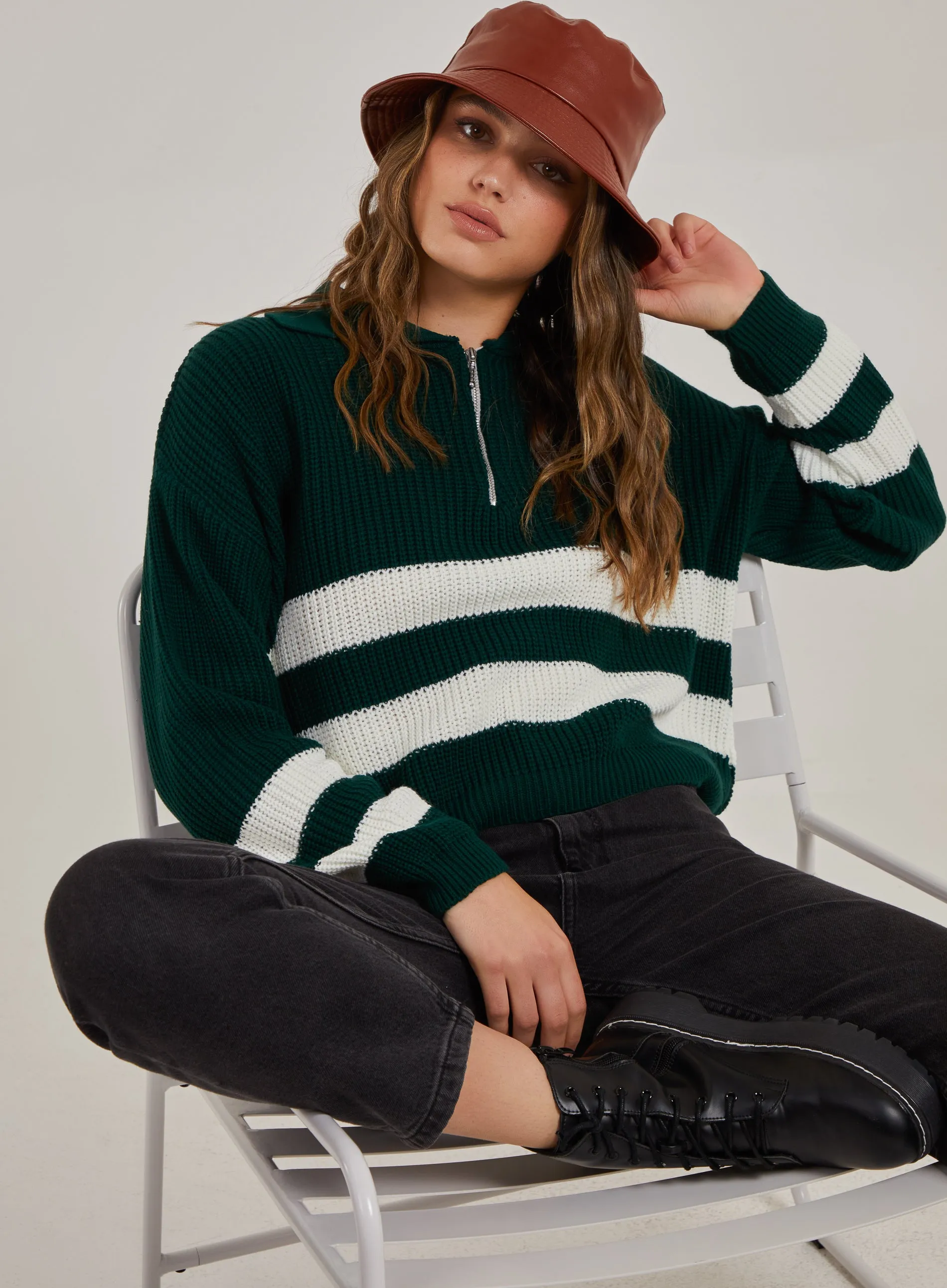 Striped Zip Up Knitted Jumper