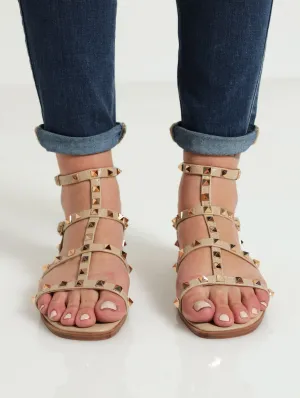 Studded Gladiator Flat Sadndal - Oatmeal