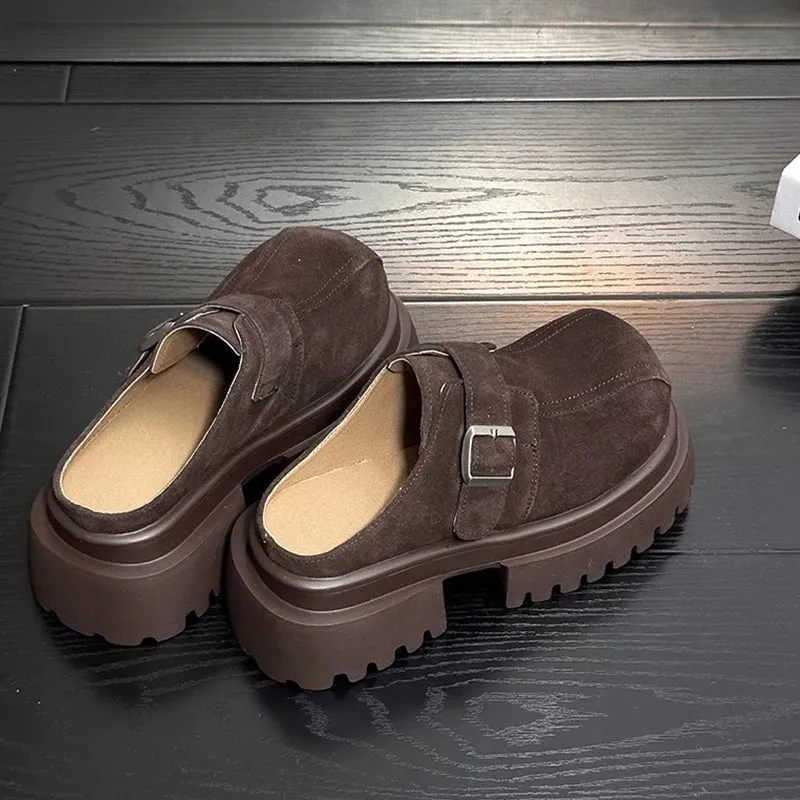 Suede Chunky Platform Women Mules Shoes Fashion High Heels Slippers 2025 Trend Winter New Brand Buckle Casual Femme Chaussures