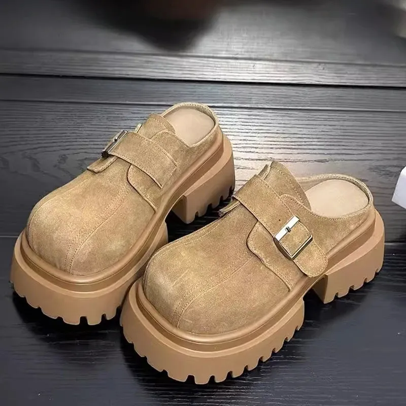 Suede Chunky Platform Women Mules Shoes Fashion High Heels Slippers 2025 Trend Winter New Brand Buckle Casual Femme Chaussures