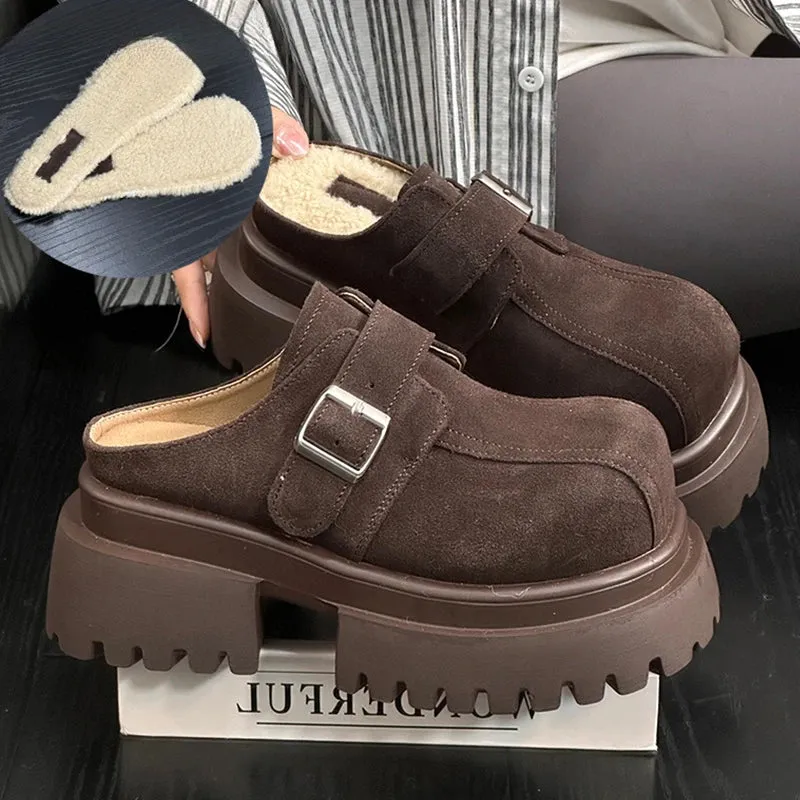 Suede Chunky Platform Women Mules Shoes Fashion High Heels Slippers 2025 Trend Winter New Brand Buckle Casual Femme Chaussures