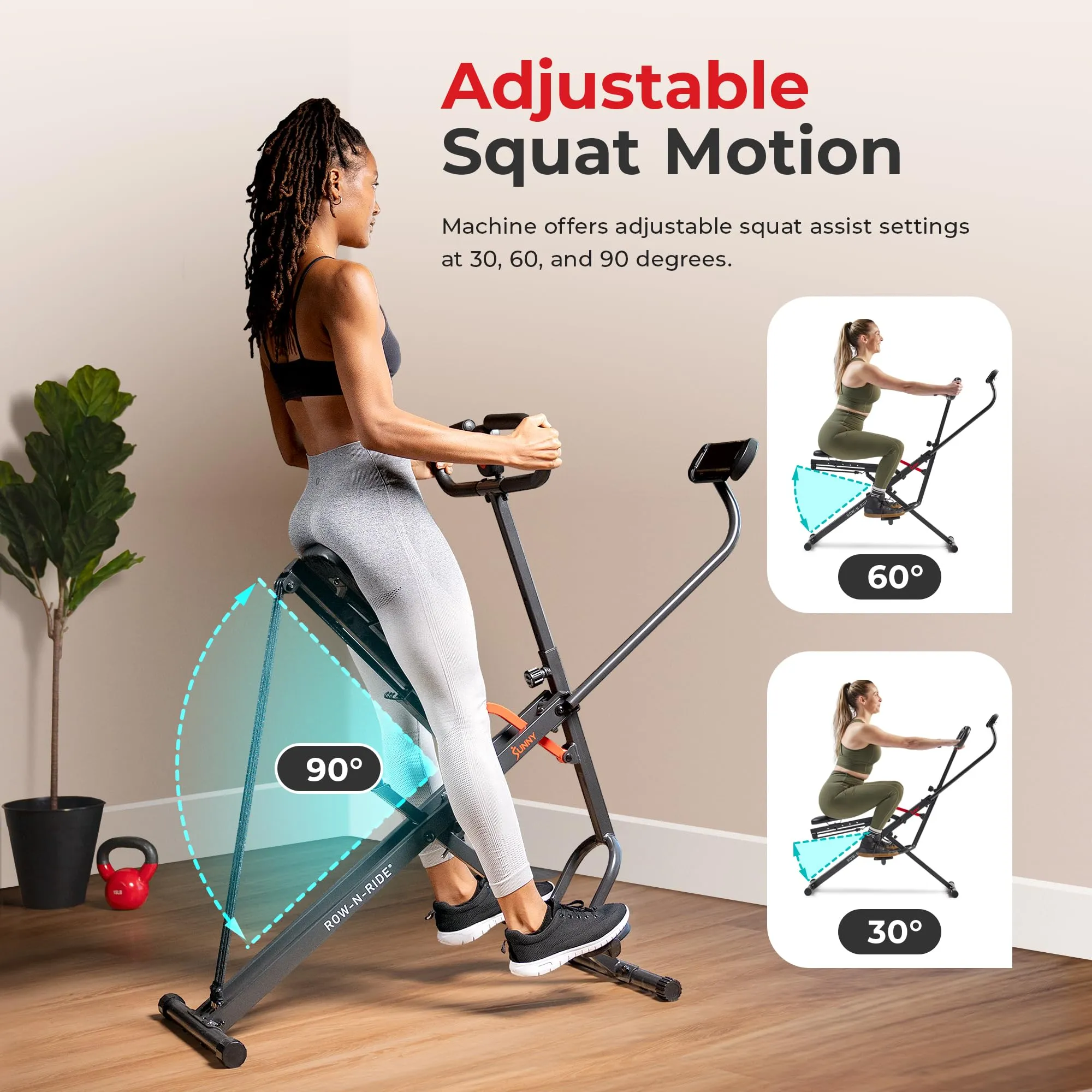 Sunny Health & Fitness Duo Motion Row and Squat Assist Multi-Functional Workout Trainer with Adjustable Resistance, Easy Setup & Foldable, Glute & Leg Exercise Machine