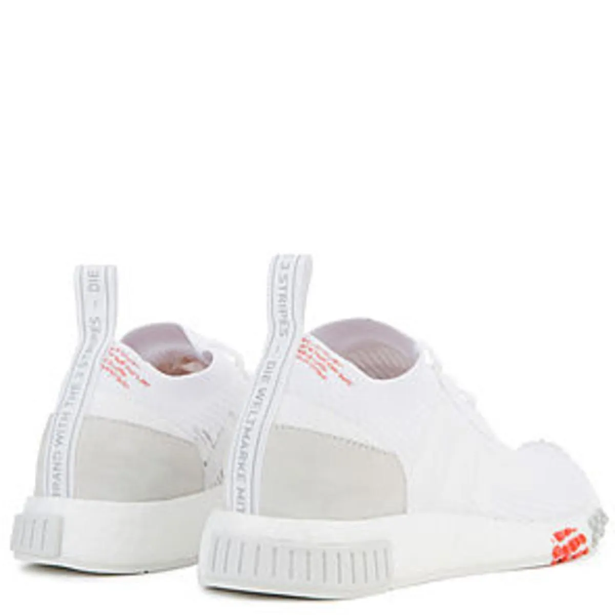 The Women's NMD Racer Primeknit in White and Trace Scarlet