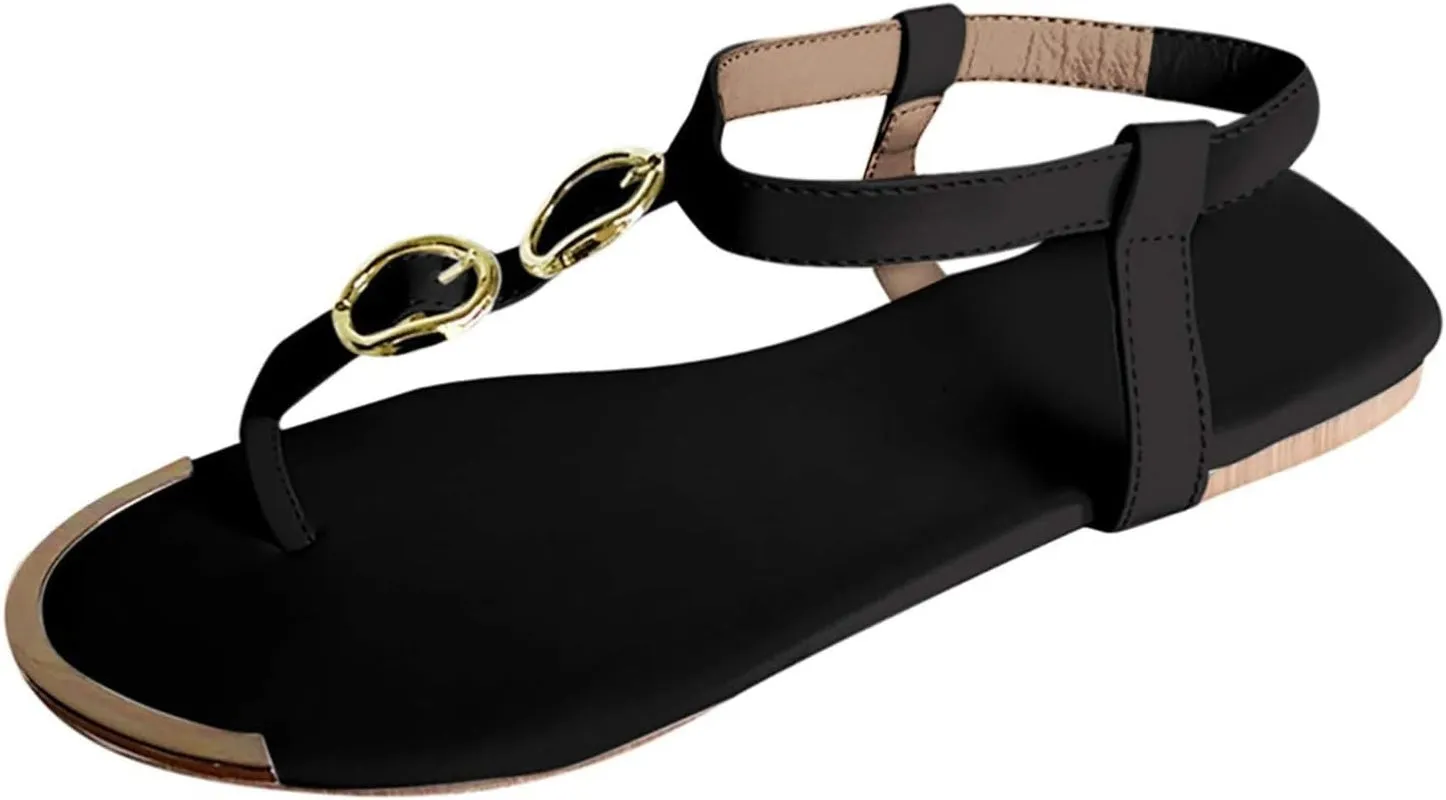 Thong Flat Sandals with Ring Metal Buckle for Women Summer 2021 Boho Roman Shoes T Strap Open Toe Gladiator Flat Sandals