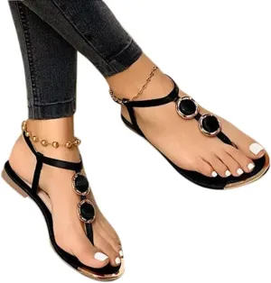 Thong Flat Sandals with Ring Metal Buckle for Women Summer 2021 Boho Roman Shoes T Strap Open Toe Gladiator Flat Sandals