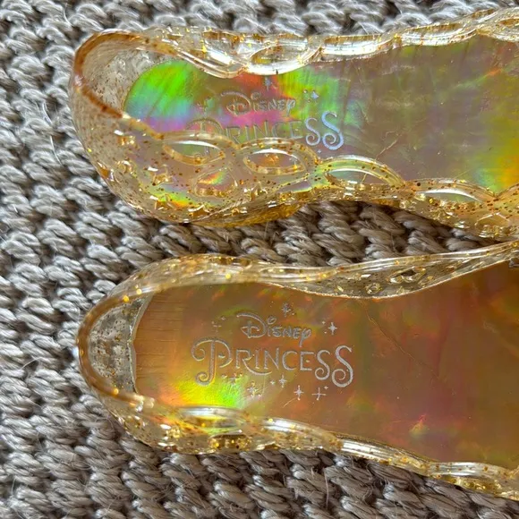 Toddler Girls Disney Princess Sparkle Gold Bow Jelly Flat Sandels size 7/8