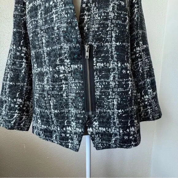 Trouve Womens Blazer Black White Metallic V Neck Zipper Large