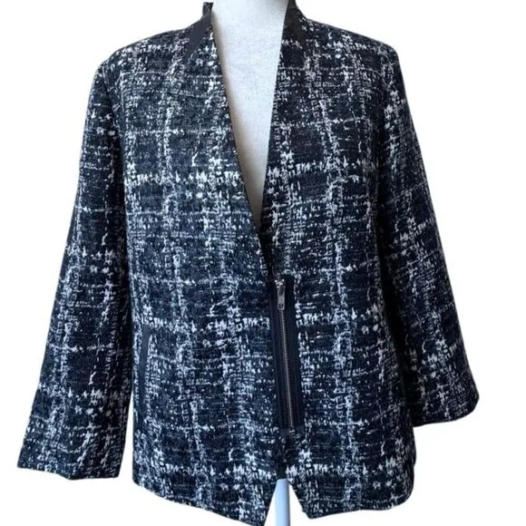 Trouve Womens Blazer Black White Metallic V Neck Zipper Large