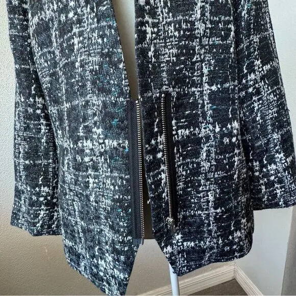 Trouve Womens Blazer Black White Metallic V Neck Zipper Large