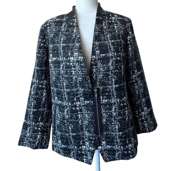 Trouve Womens Blazer Black White Metallic V Neck Zipper Large