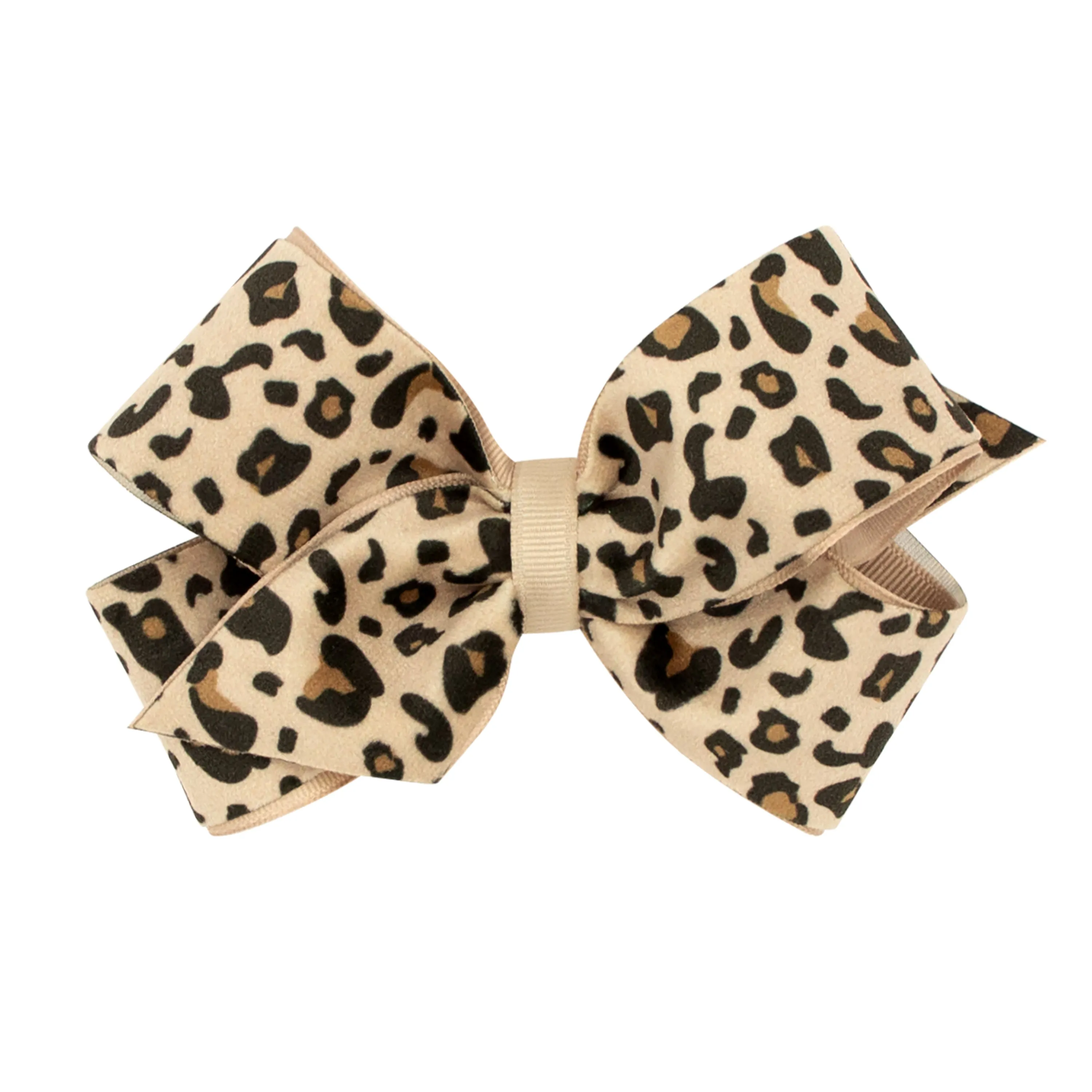 Wee Ones Faux Velvet Leopard Print Hair Bow on Clippie - Oat
