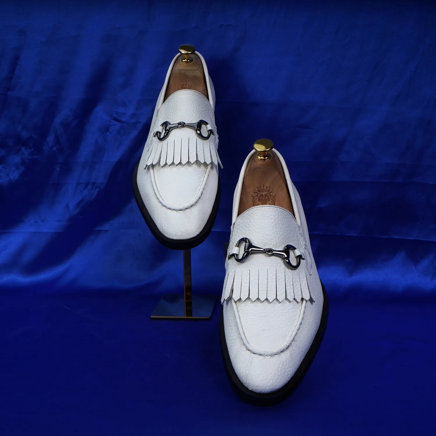 White Slip-On Shoes with Fringes & Horse-Bit Buckle Detailing