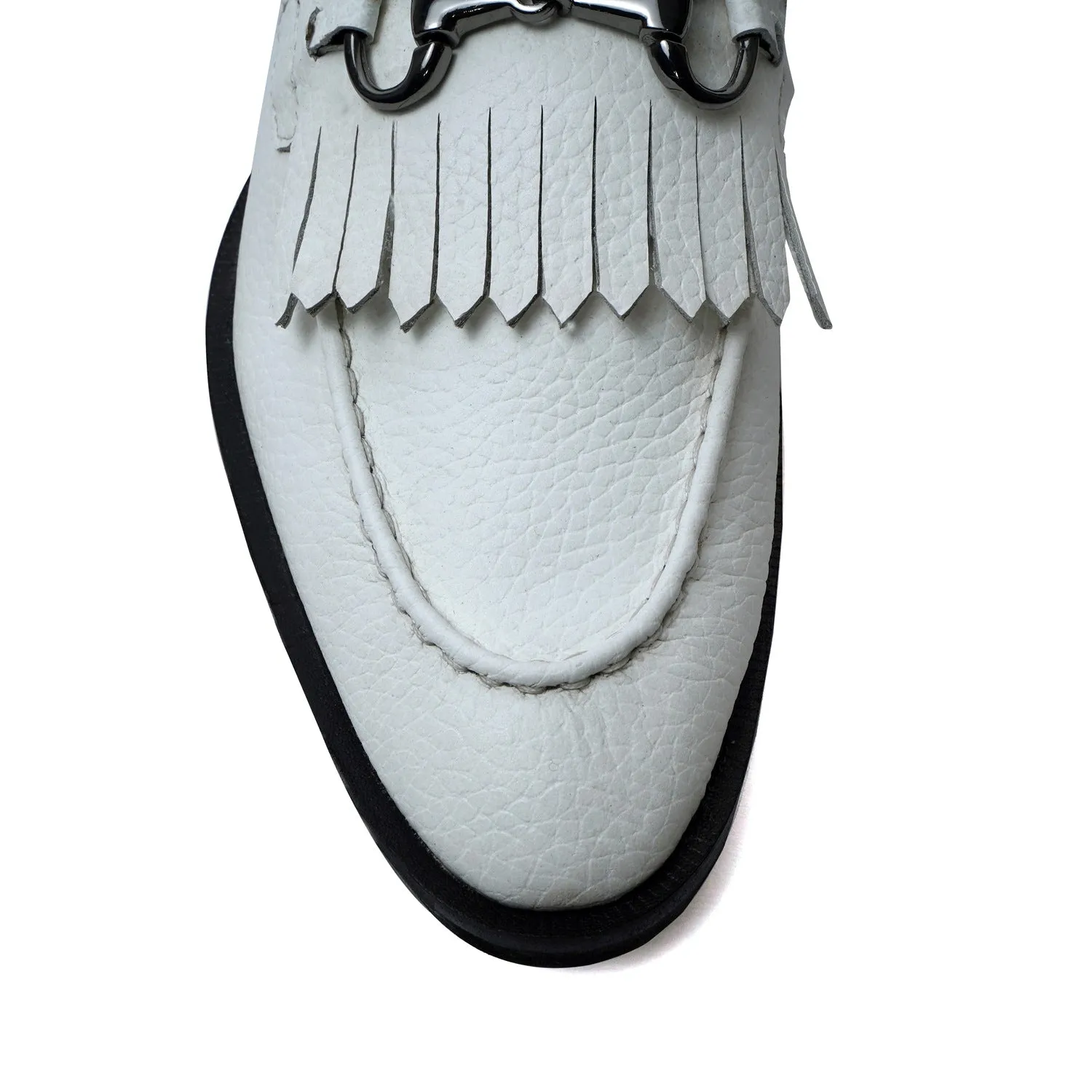 White Slip-On Shoes with Fringes & Horse-Bit Buckle Detailing