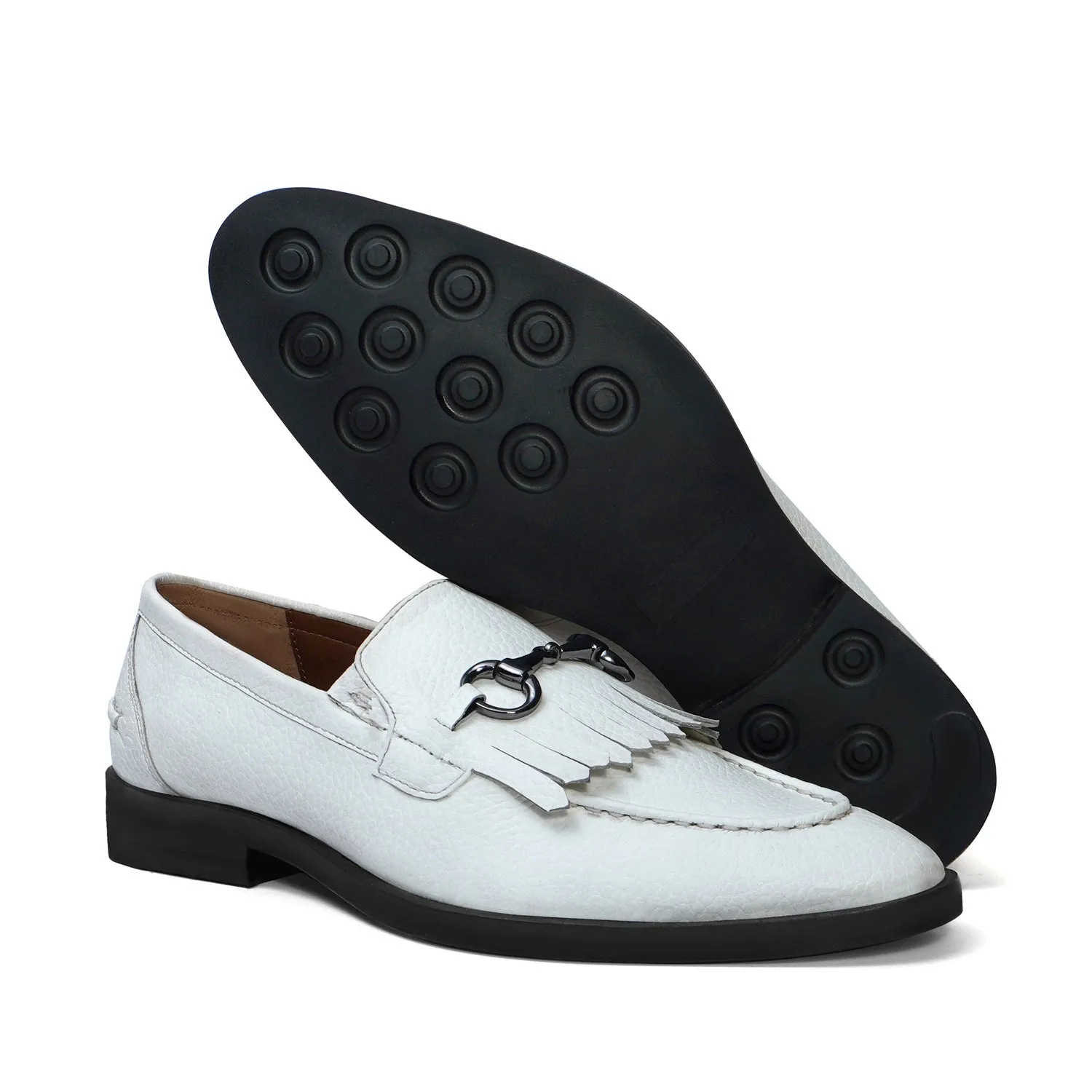 White Slip-On Shoes with Fringes & Horse-Bit Buckle Detailing