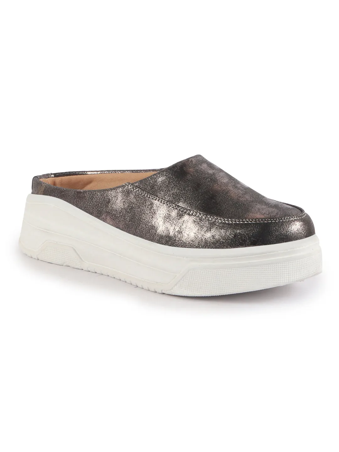 Women Metal Classic Back Open Casual Platform Shoes | Metallic Slip-On Mule Sneakers For Party | Lightweight Comfortable Sneakers
