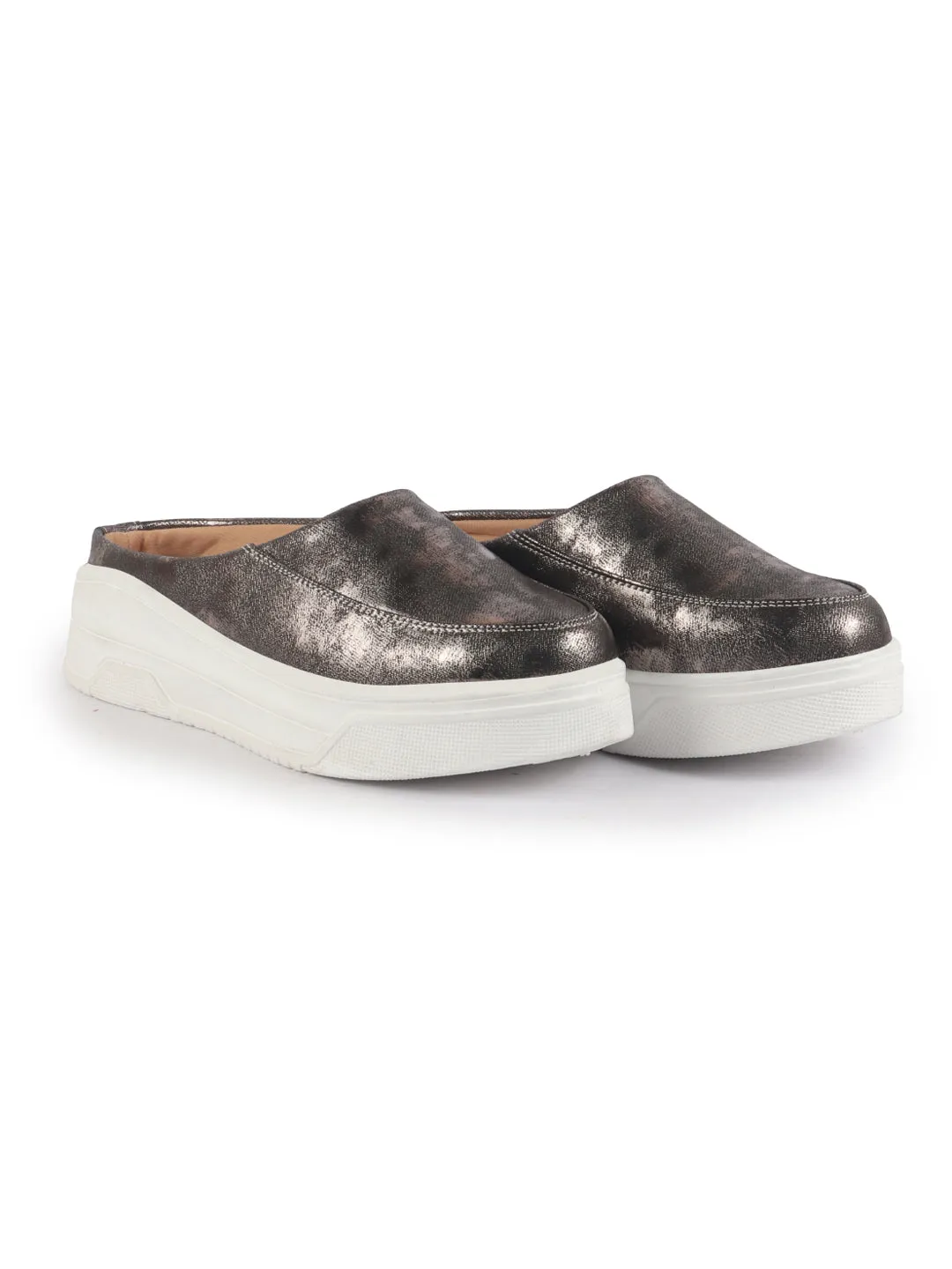 Women Metal Classic Back Open Casual Platform Shoes | Metallic Slip-On Mule Sneakers For Party | Lightweight Comfortable Sneakers