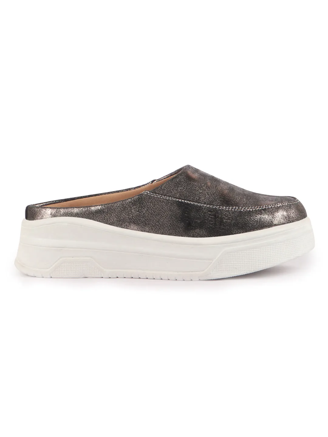 Women Metal Classic Back Open Casual Platform Shoes | Metallic Slip-On Mule Sneakers For Party | Lightweight Comfortable Sneakers